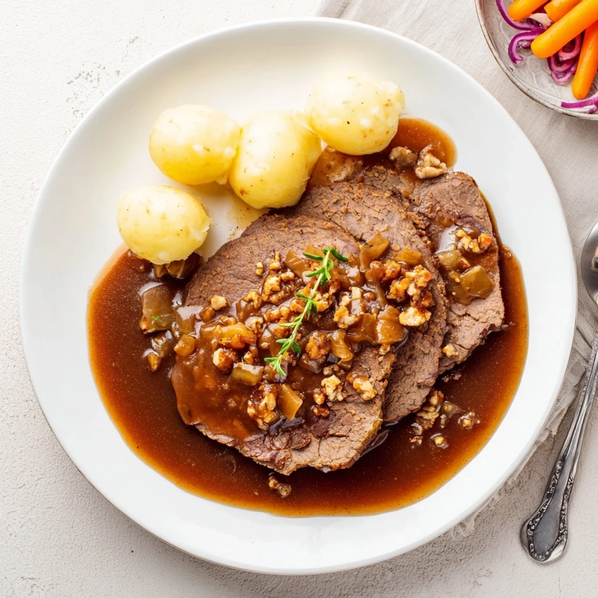 Klassischer Sauerbraten, begleitet von Kartoffelklößen und rotkohligen Beilagen.