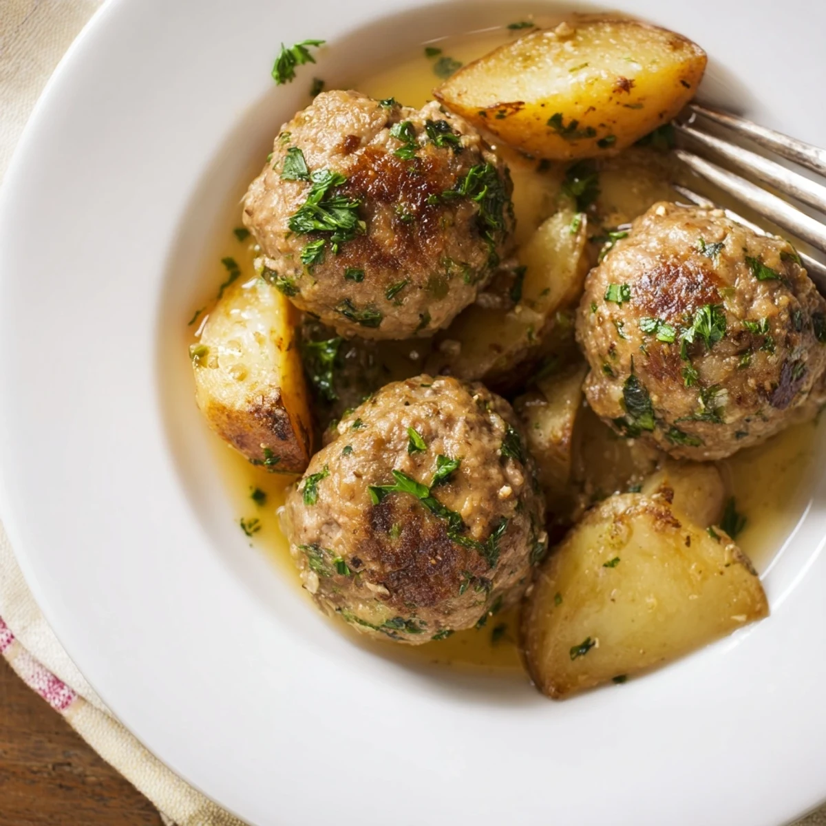 Zarte Rindfleischbällchen und goldbraune Kartoffeln im Blechgericht gebacken.