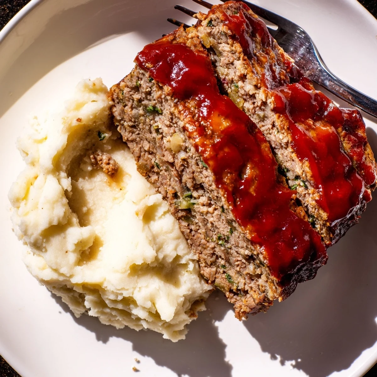 Dekadenter Meatloaf, glasiert mit süßem Ketchup, serviert mit fluffigem Kartoffelpüree.