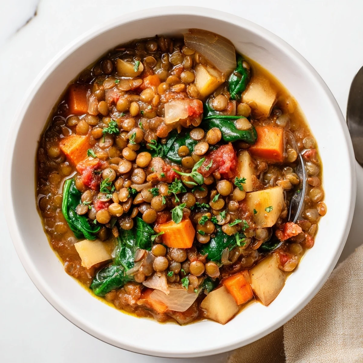 Wärmender One-Pot-Linsen-Eintopf, perfekt für gemütliche Familienessen an kalten Abenden.