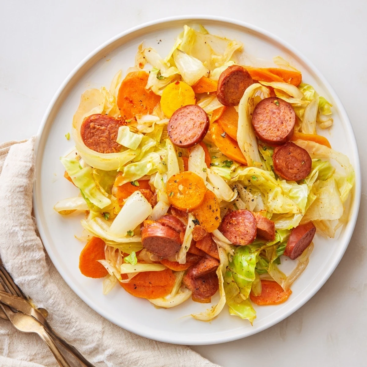 Zartes Gemüse und herzhafte Wurst in diesem Cabbage and Sausage Skillet Rezept.  