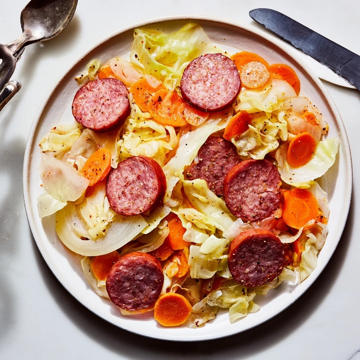 Cabbage and Sausage Skillet, ein aromatisches, sättigendes Gericht für wöchentliche Abendessen.  