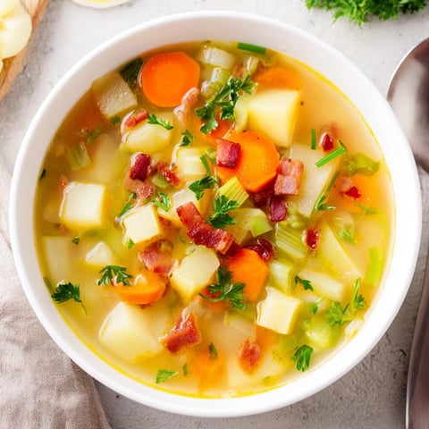 Reichhaltige German Potato Soup, mit Kartoffeln, Gemüse und Speck, dampfend und servierfertig.