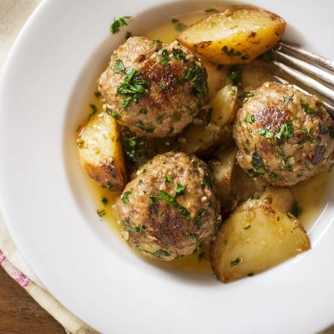 Zarte Rindfleischbällchen und goldbraune Kartoffeln im Blechgericht gebacken.